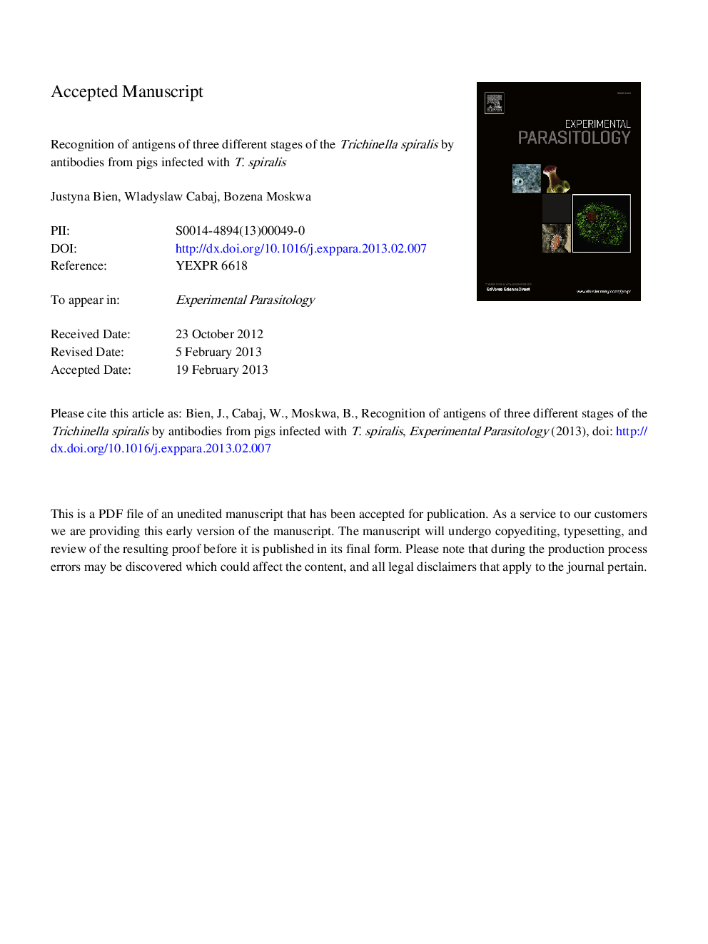 Recognition of antigens of three different stages of the Trichinella spiralis by antibodies from pigs infected with T. spiralis