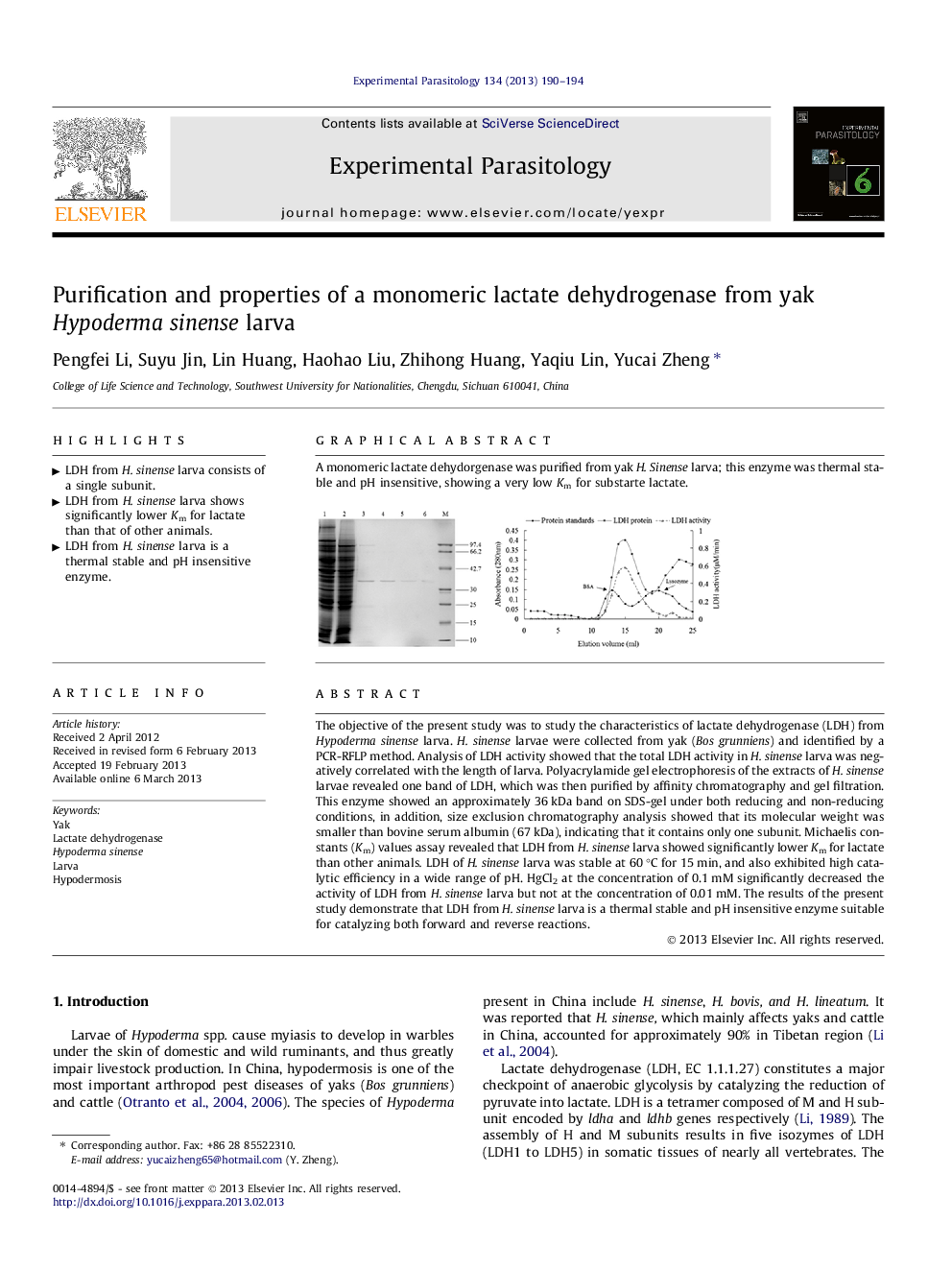 Purification and properties of a monomeric lactate dehydrogenase from yak Hypoderma sinense larva