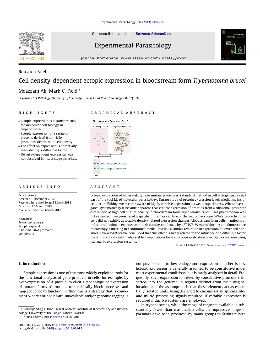 Research BriefCell density-dependent ectopic expression in bloodstream form Trypanosoma brucei