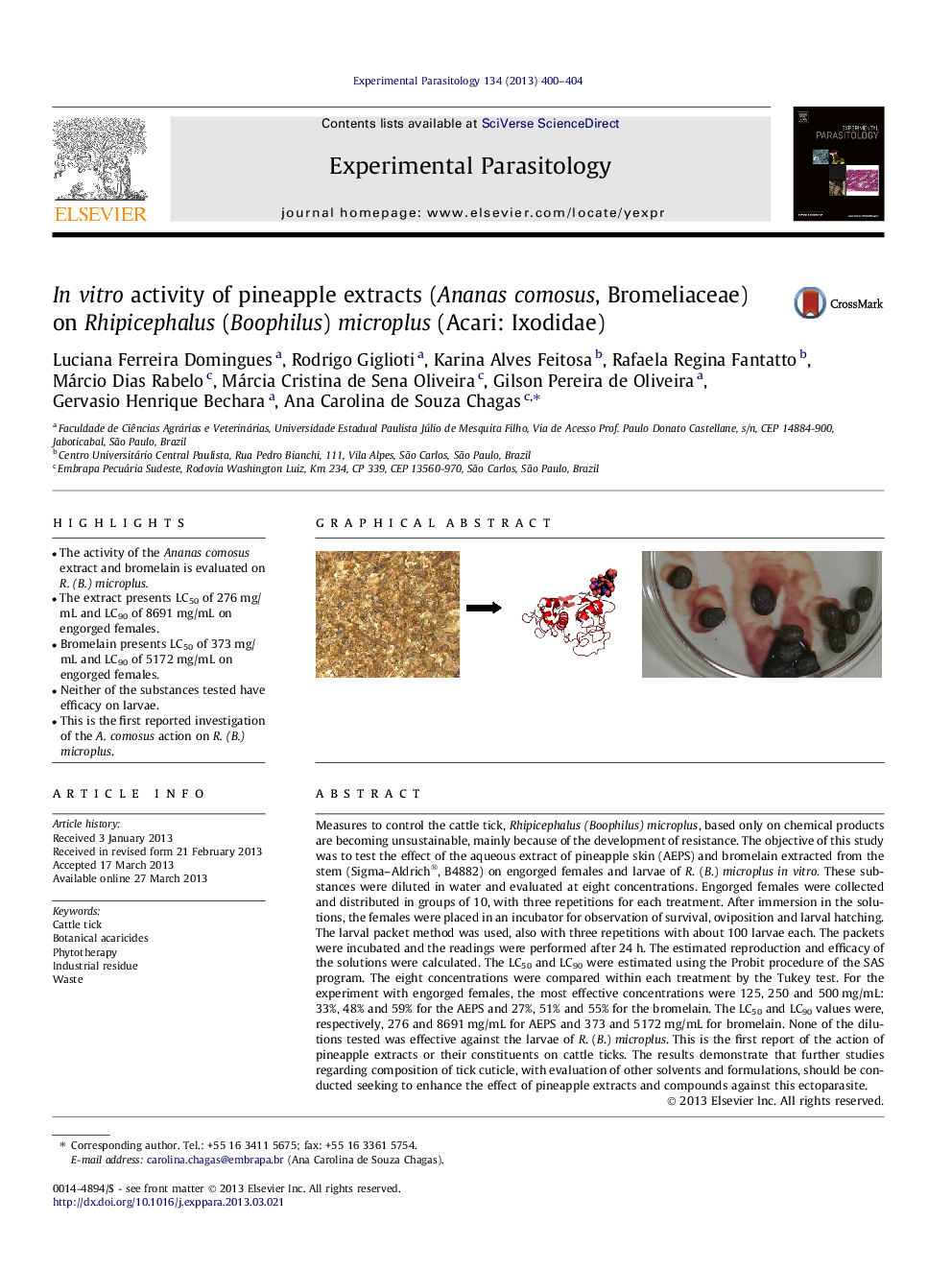 In vitro activity of pineapple extracts (Ananas comosus, Bromeliaceae) on Rhipicephalus (Boophilus) microplus (Acari: Ixodidae)