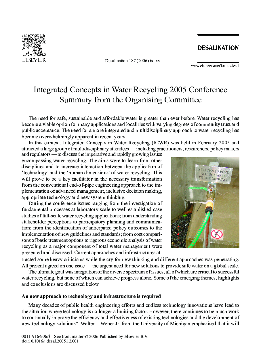 Integrated Concepts in Water Recycling 2005 Conference Summary from the Organising Committee