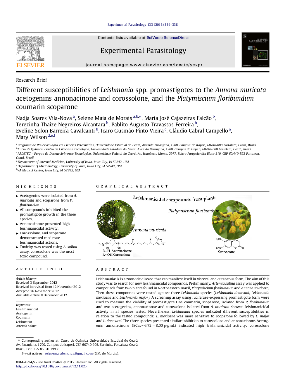 Different susceptibilities of Leishmania spp. promastigotes to the Annona muricata acetogenins annonacinone and corossolone, and the Platymiscium floribundum coumarin scoparone