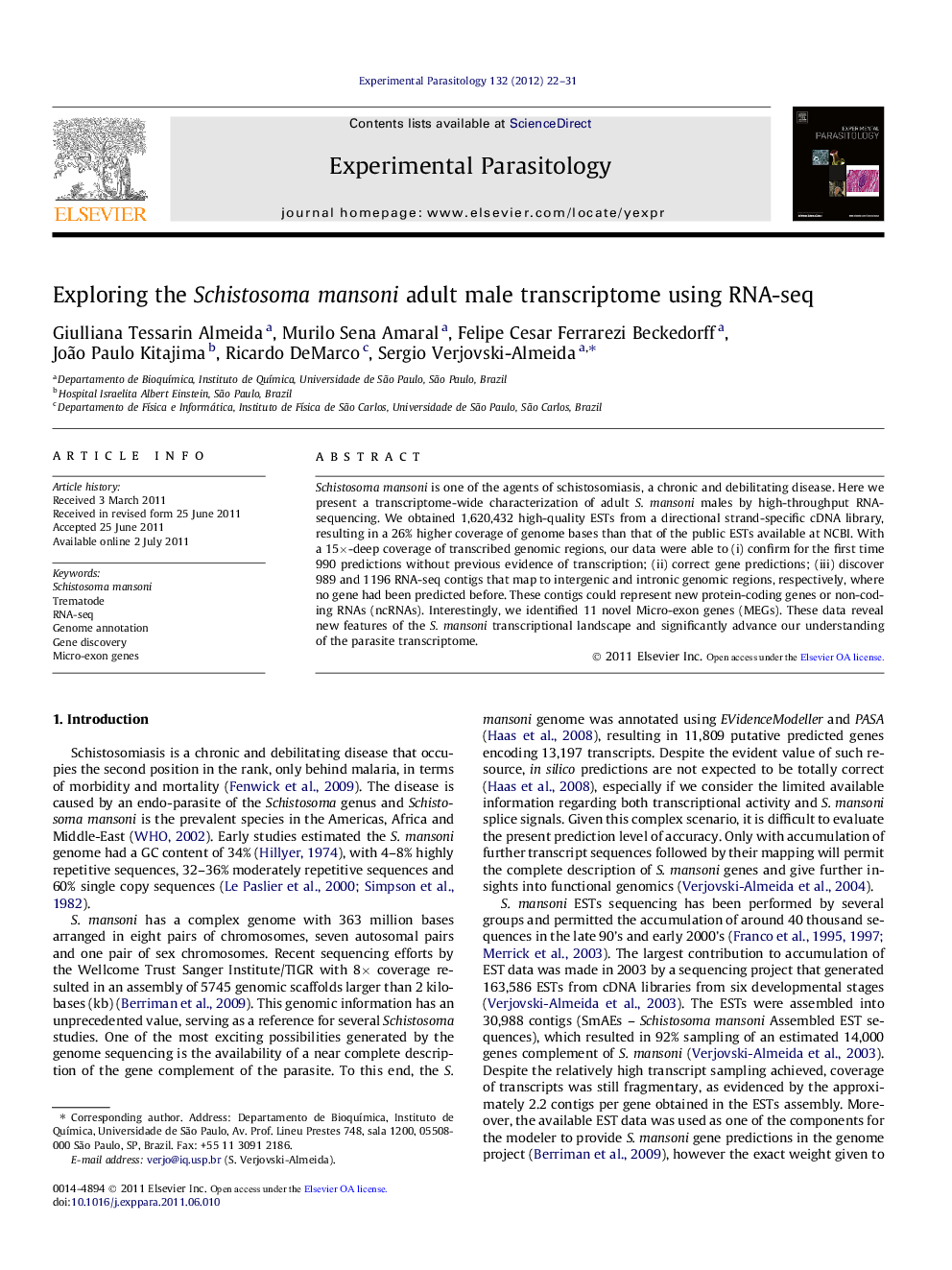 Exploring the Schistosoma mansoni adult male transcriptome using RNA-seq