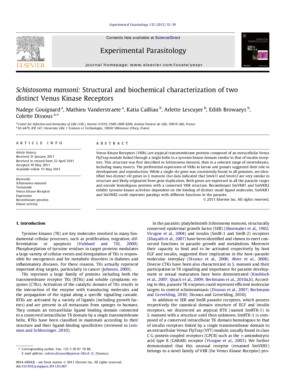 Schistosoma mansoni: Structural and biochemical characterization of two distinct Venus Kinase Receptors