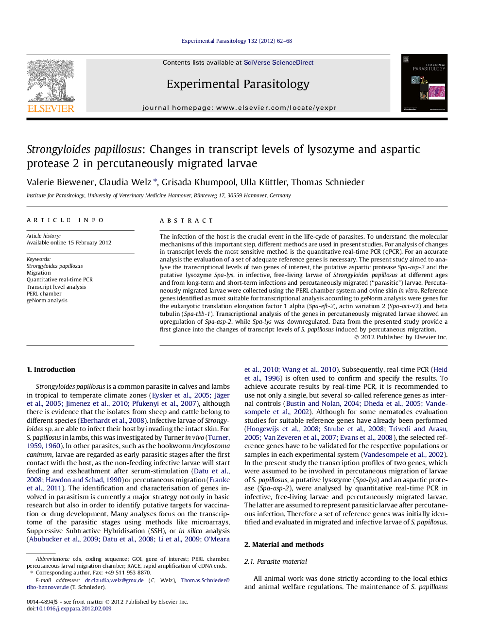 Strongyloides papillosus: Changes in transcript levels of lysozyme and aspartic protease 2 in percutaneously migrated larvae