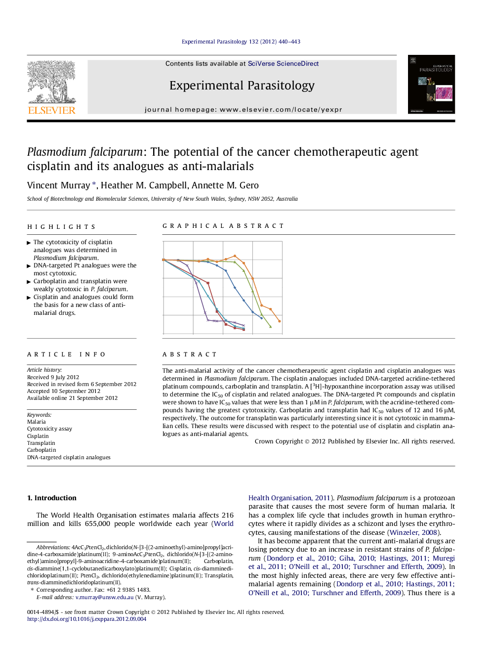 Plasmodium falciparum: The potential of the cancer chemotherapeutic agent cisplatin and its analogues as anti-malarials