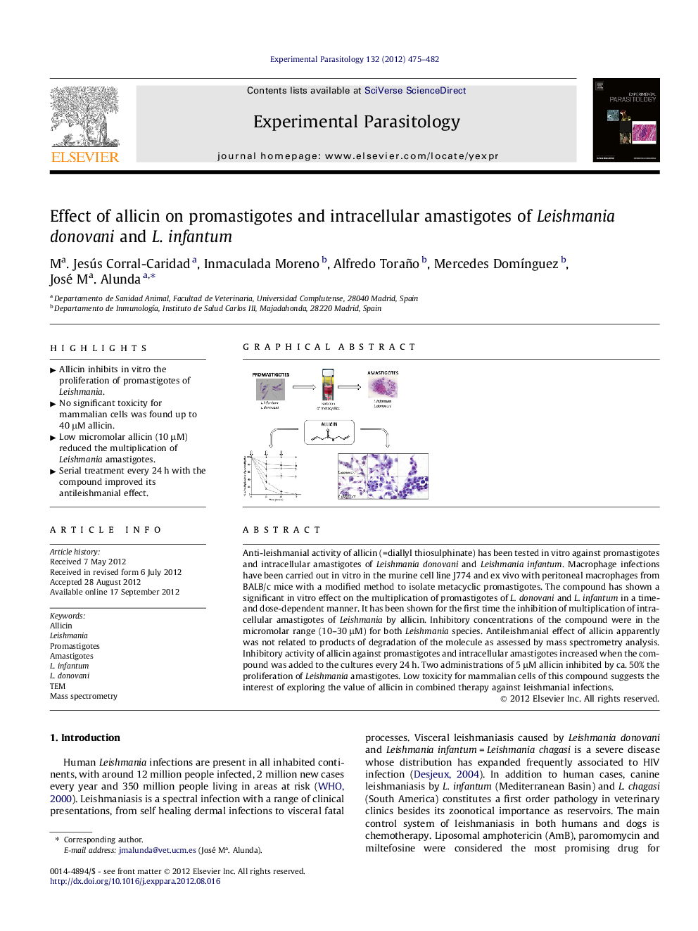 Effect of allicin on promastigotes and intracellular amastigotes of Leishmania donovani and L. infantum