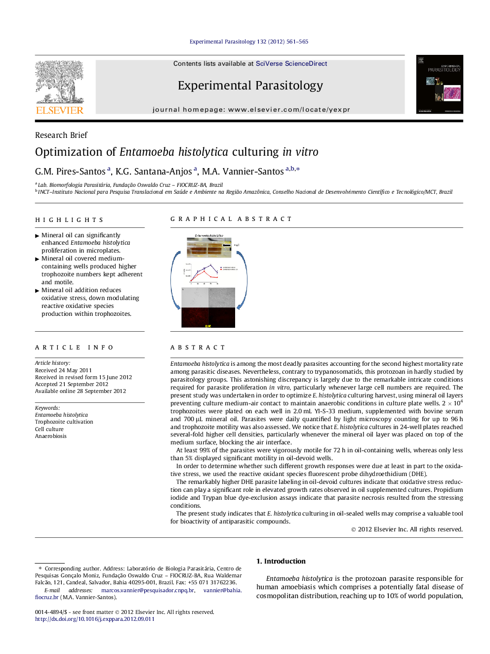 Optimization of Entamoeba histolytica culturing in vitro