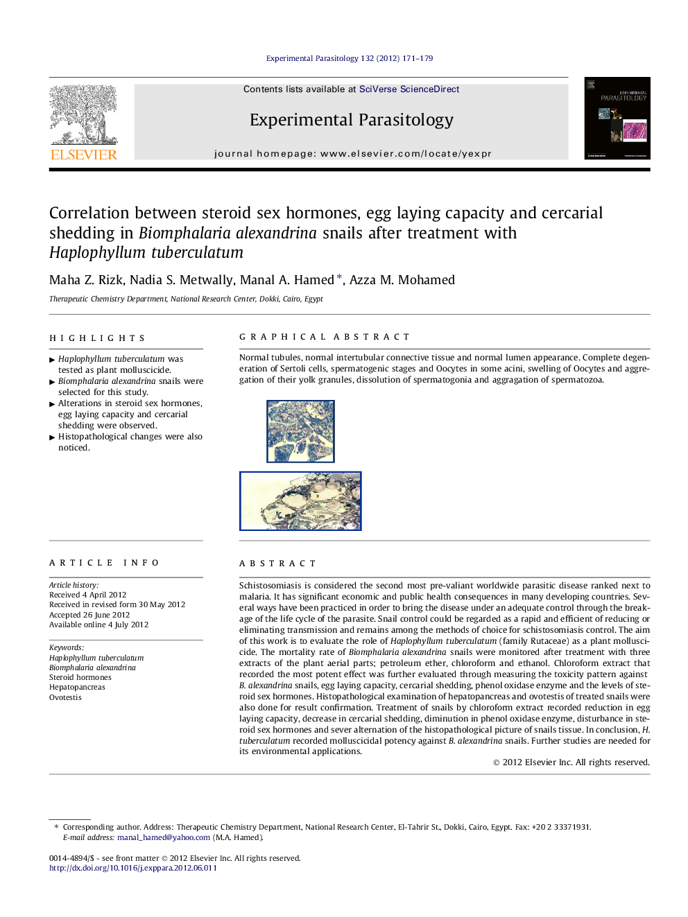 Correlation between steroid sex hormones, egg laying capacity and cercarial shedding in Biomphalaria alexandrina snails after treatment with Haplophyllum tuberculatum