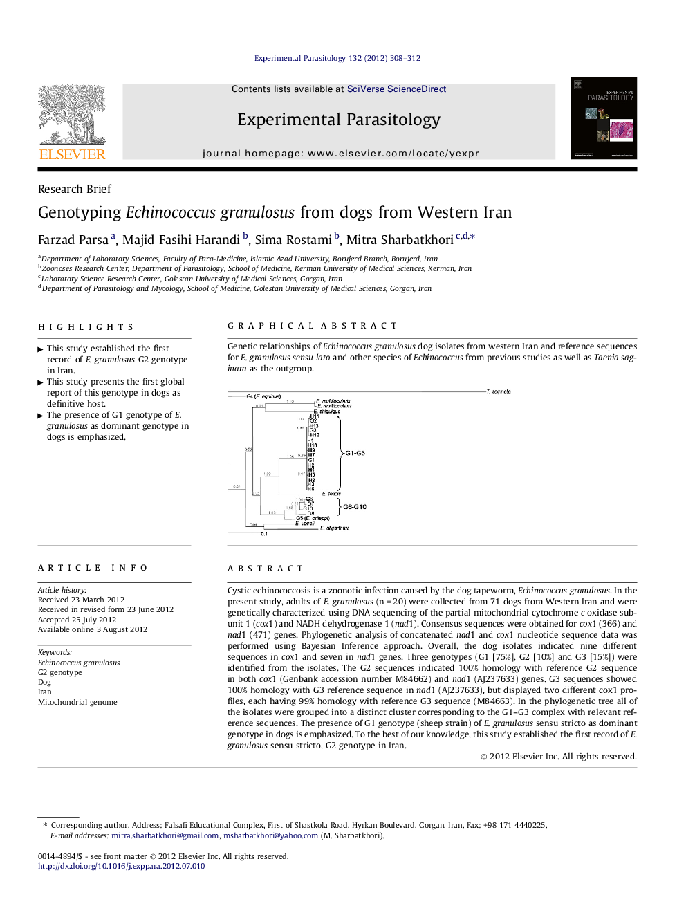 Research BriefGenotyping Echinococcus granulosus from dogs from Western Iran