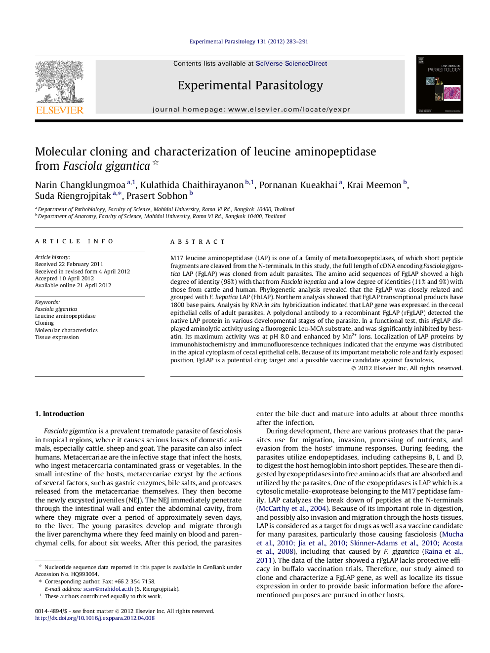 Molecular cloning and characterization of leucine aminopeptidase from Fasciola gigantica