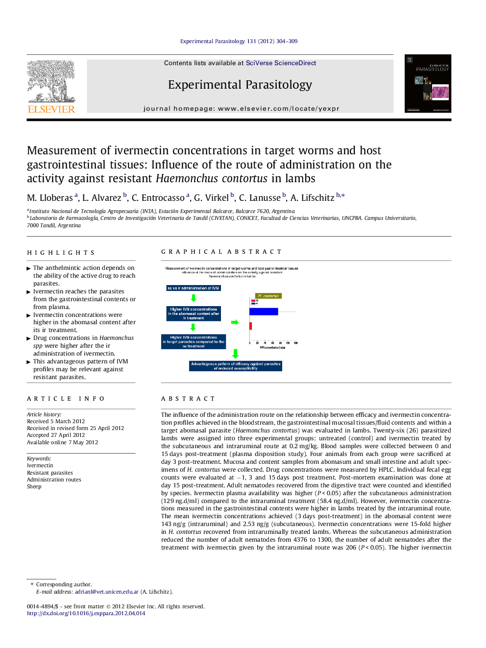 Measurement of ivermectin concentrations in target worms and host gastrointestinal tissues: Influence of the route of administration on the activity against resistant Haemonchus contortus in lambs