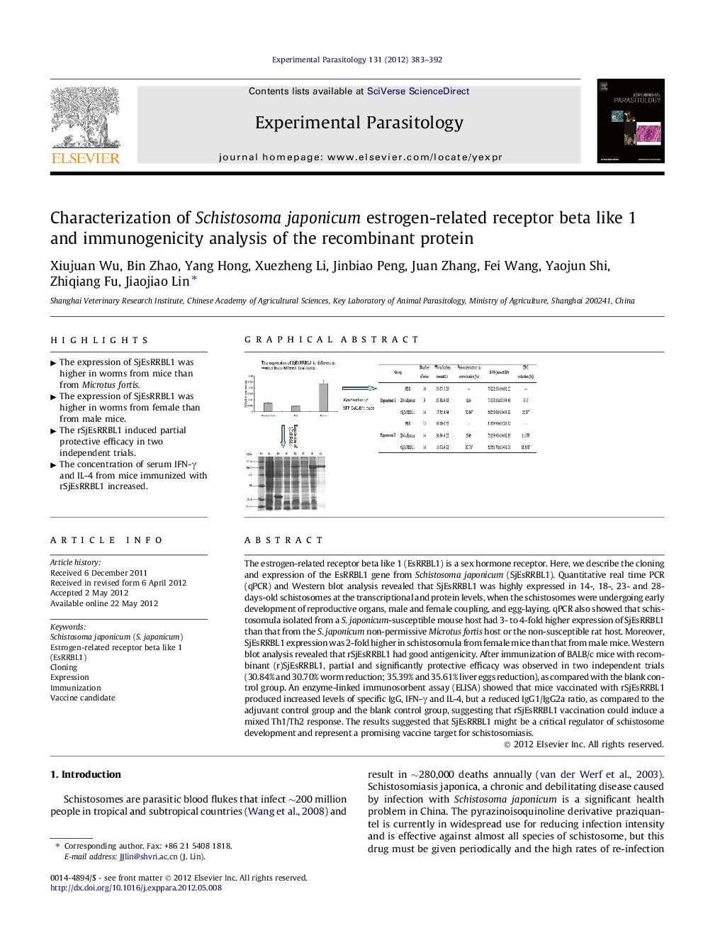 Characterization of Schistosoma japonicum estrogen-related receptor beta like 1 and immunogenicity analysis of the recombinant protein