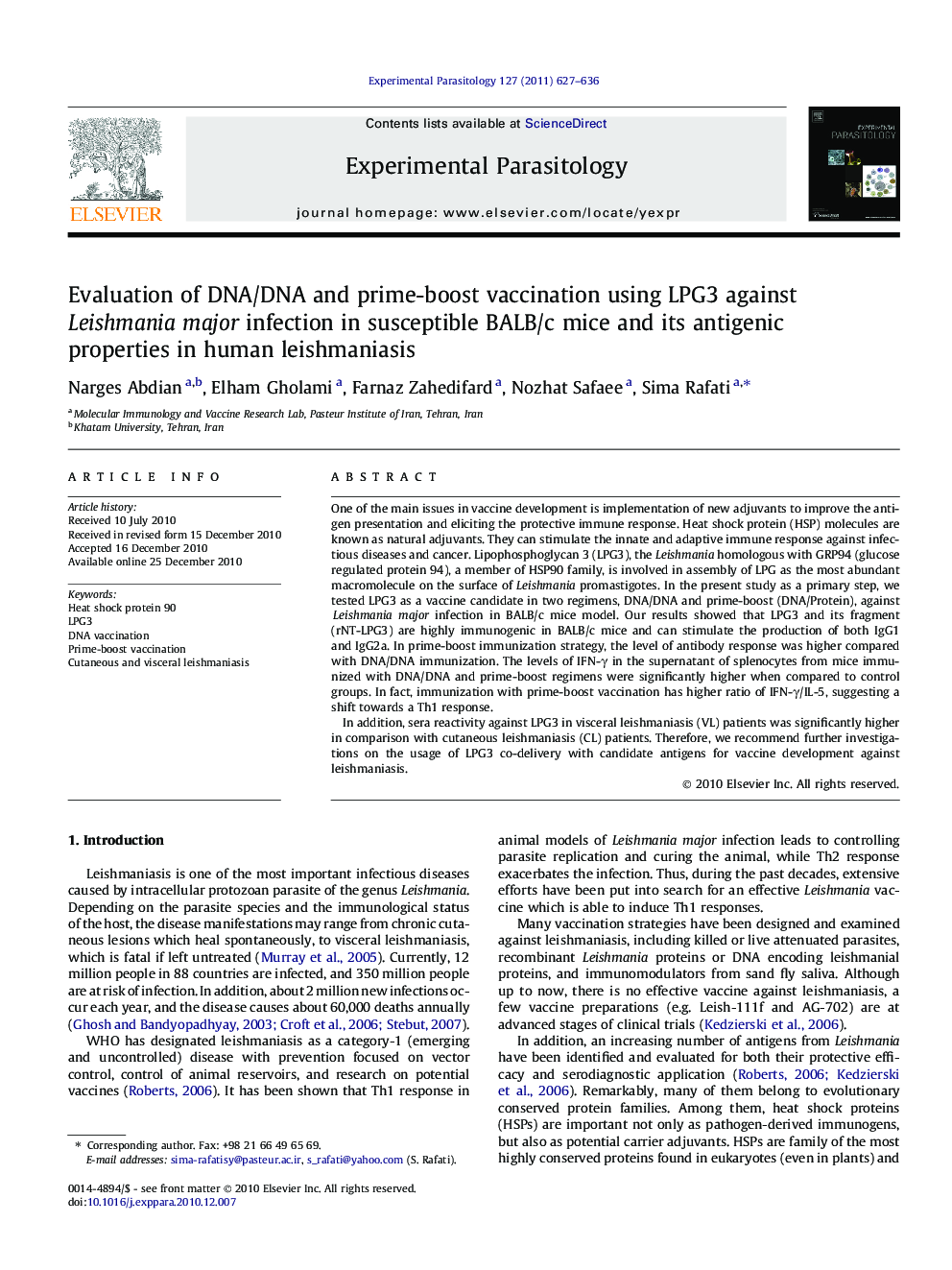 Evaluation of DNA/DNA and prime-boost vaccination using LPG3 against Leishmania major infection in susceptible BALB/c mice and its antigenic properties in human leishmaniasis