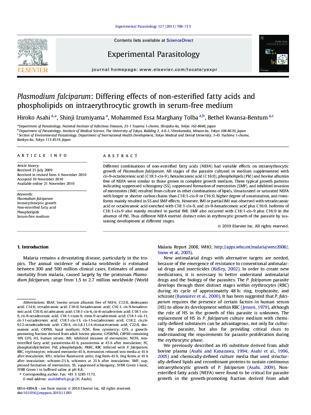 Plasmodium falciparum: Differing effects of non-esterified fatty acids and phospholipids on intraerythrocytic growth in serum-free medium