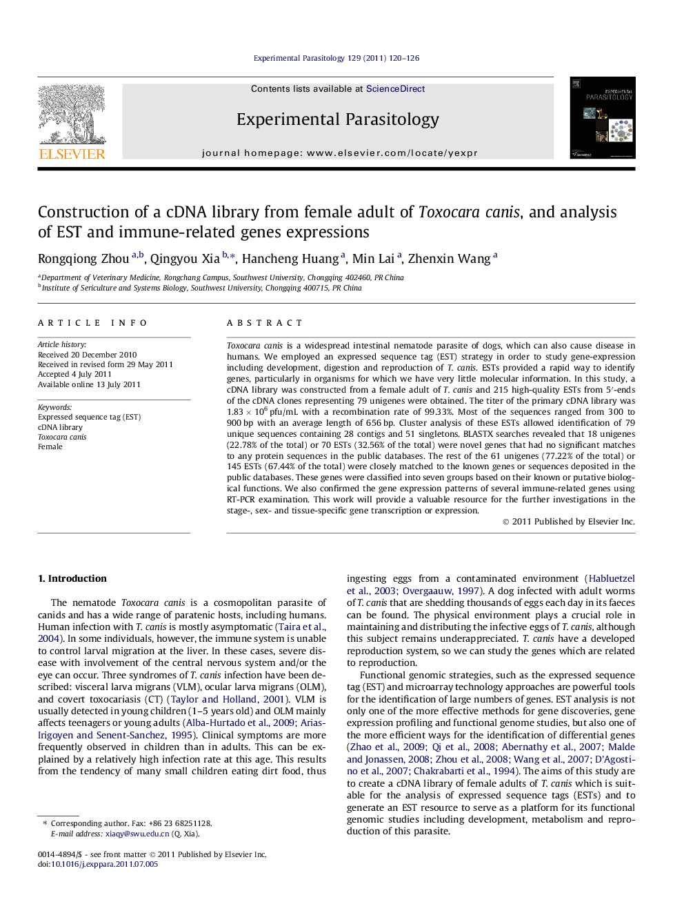 Construction of a cDNA library from female adult of Toxocara canis, and analysis of EST and immune-related genes expressions