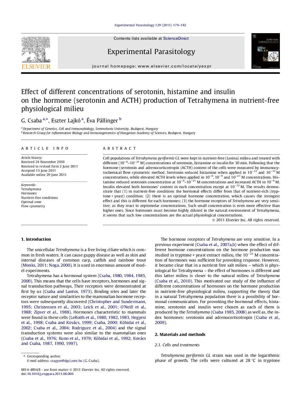 Effect of different concentrations of serotonin, histamine and insulin on the hormone (serotonin and ACTH) production of Tetrahymena in nutrient-free physiological milieu