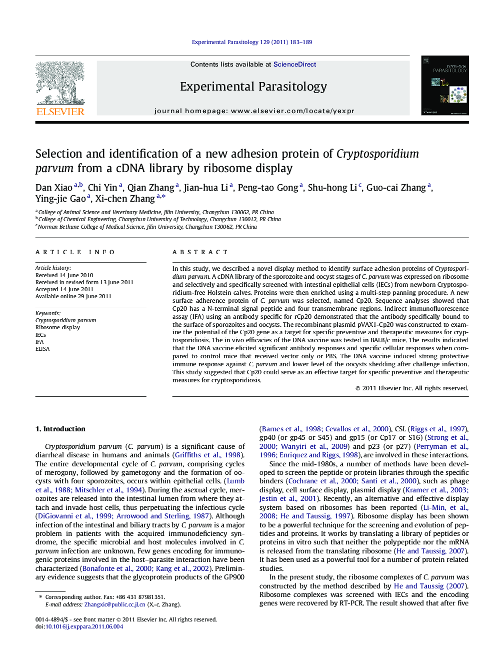 Selection and identification of a new adhesion protein of Cryptosporidium parvum from a cDNA library by ribosome display