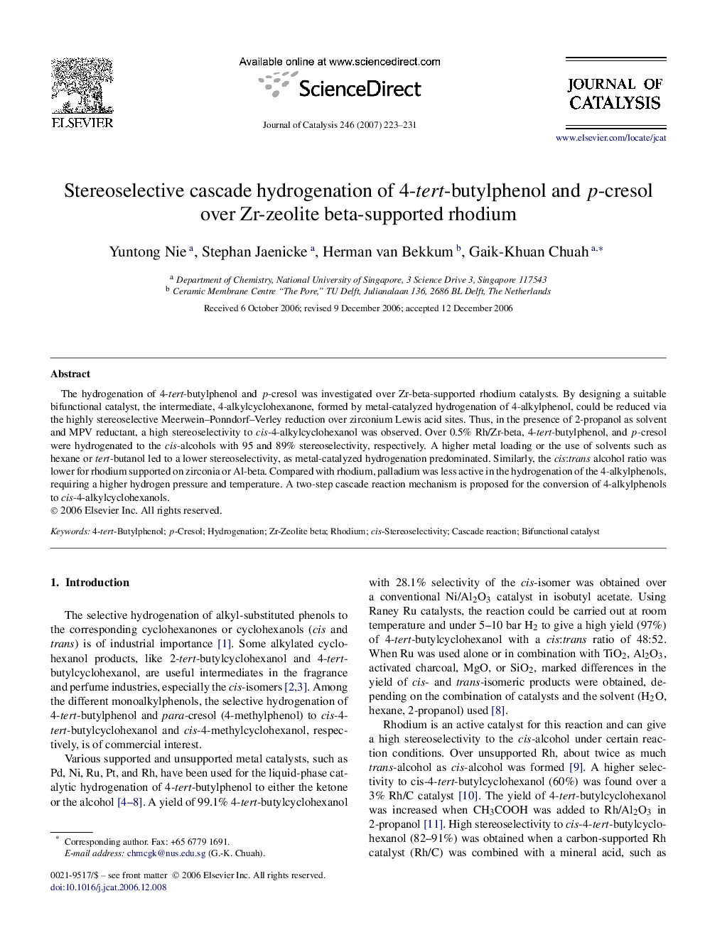 Stereoselective cascade hydrogenation of 4-tert-butylphenol and p-cresol over Zr-zeolite beta-supported rhodium