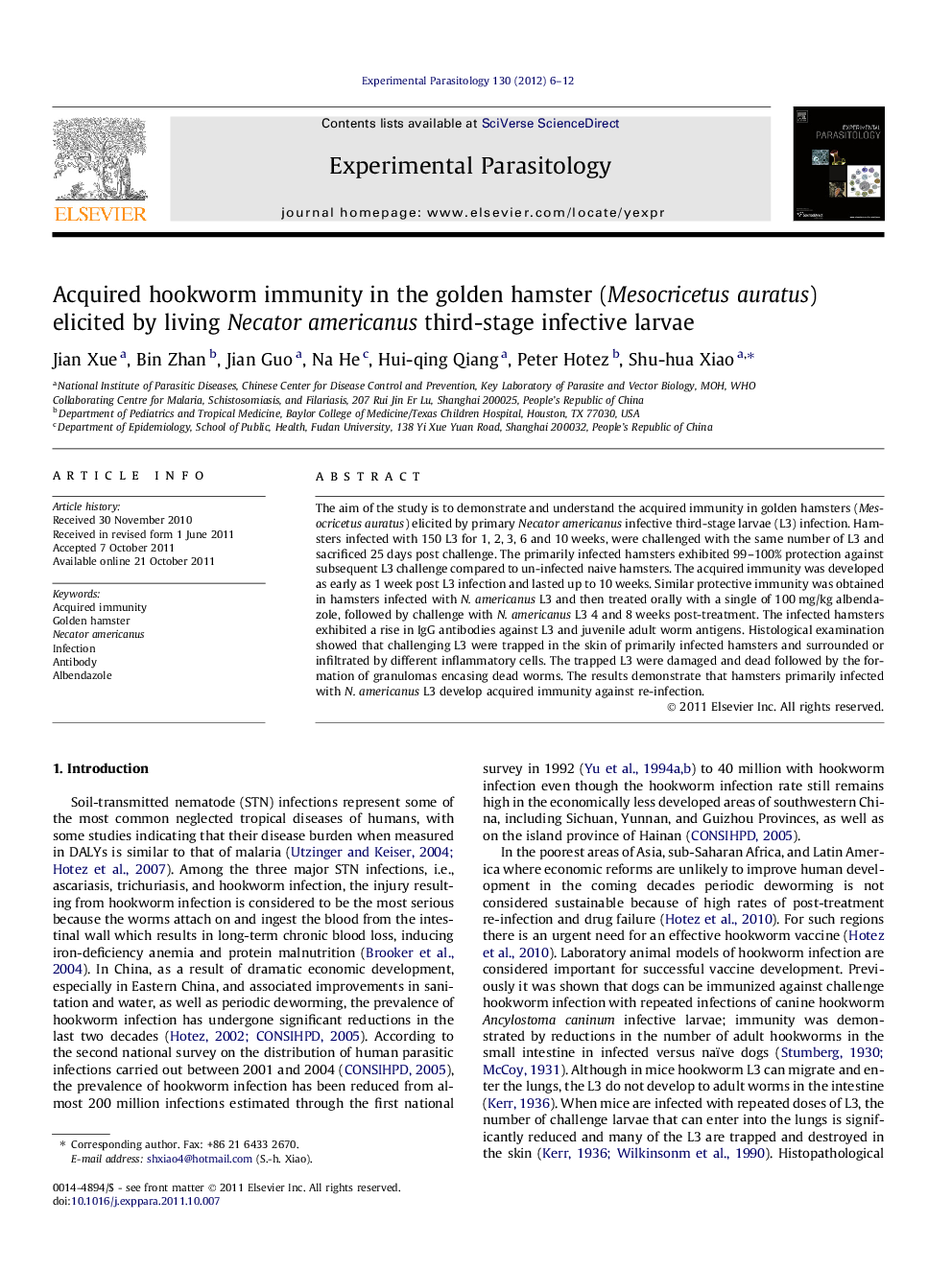 Acquired hookworm immunity in the golden hamster (Mesocricetus auratus) elicited by living Necator americanus third-stage infective larvae