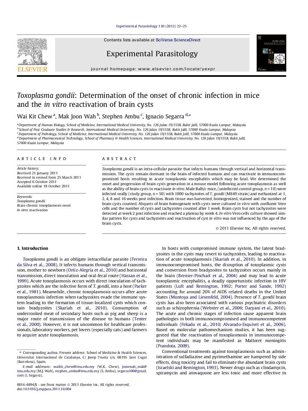 عکس صفحه اول مقاله: Toxoplasma gondii: Determination of the onset of chronic infection in mice and the in vitro reactivation of brain cysts Toxoplasma gondii: Determination of the onset of chronic infection in mice and the in vitro reactivation of brain cysts