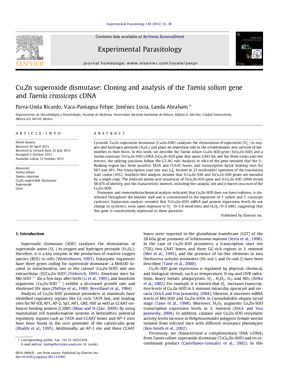 Cu,Zn superoxide dismutase: Cloning and analysis of the Taeniasolium gene and Taenia crassiceps cDNA