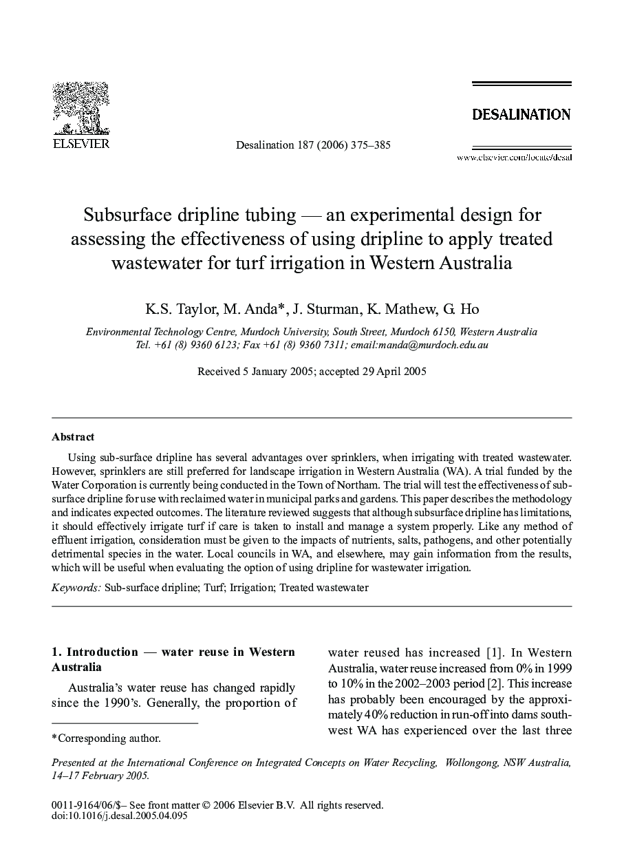 Subsurface dripline tubing — an experimental design for assessing the effectiveness of using dripline to apply treated wastewater for turf irrigation in Western Australia