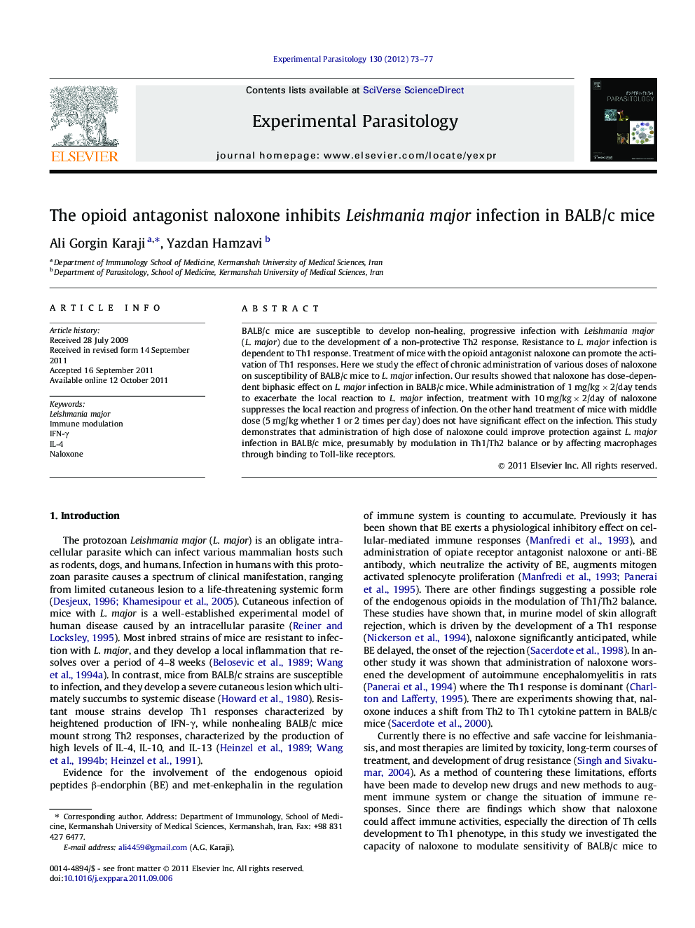 The opioid antagonist naloxone inhibits Leishmania major infection in BALB/c mice