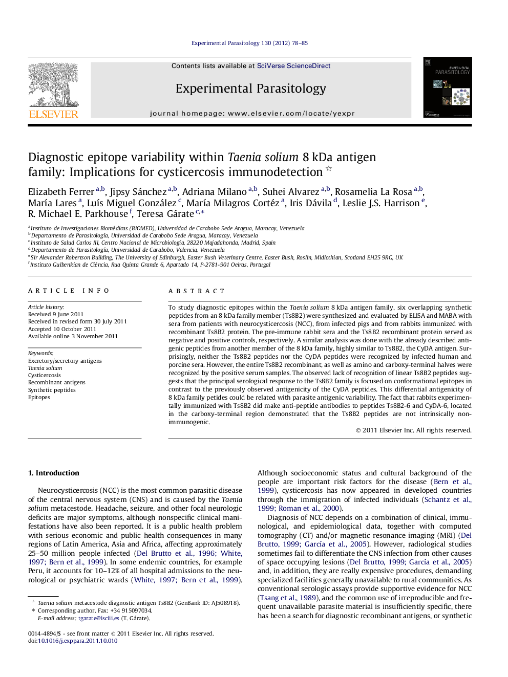 Diagnostic epitope variability within Taenia solium 8Â kDa antigen family: Implications for cysticercosis immunodetection