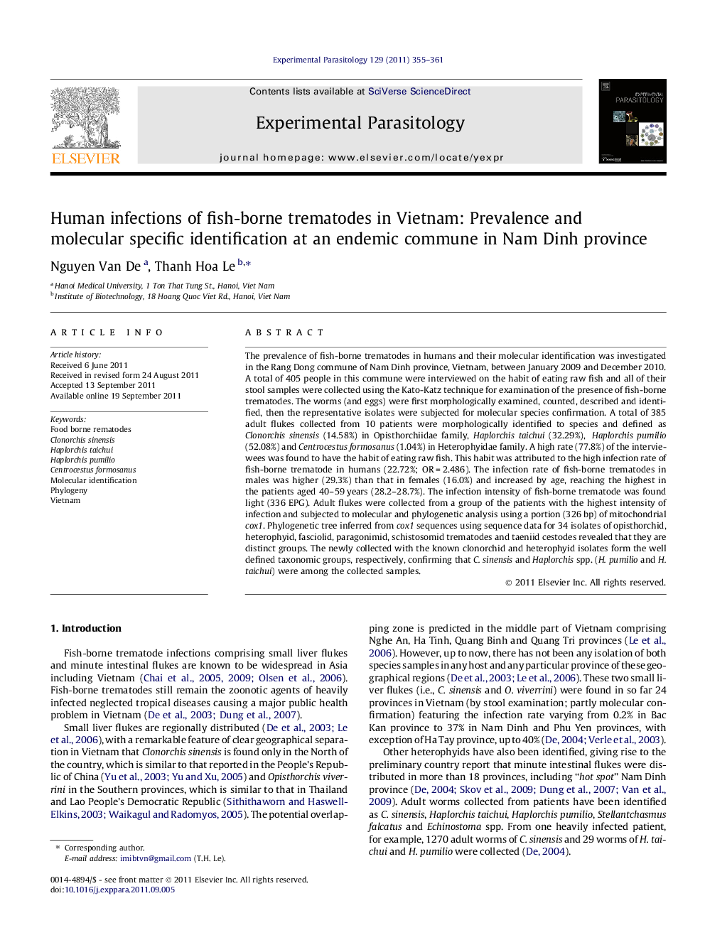 Human infections of fish-borne trematodes in Vietnam: Prevalence and molecular specific identification at an endemic commune in Nam Dinh province