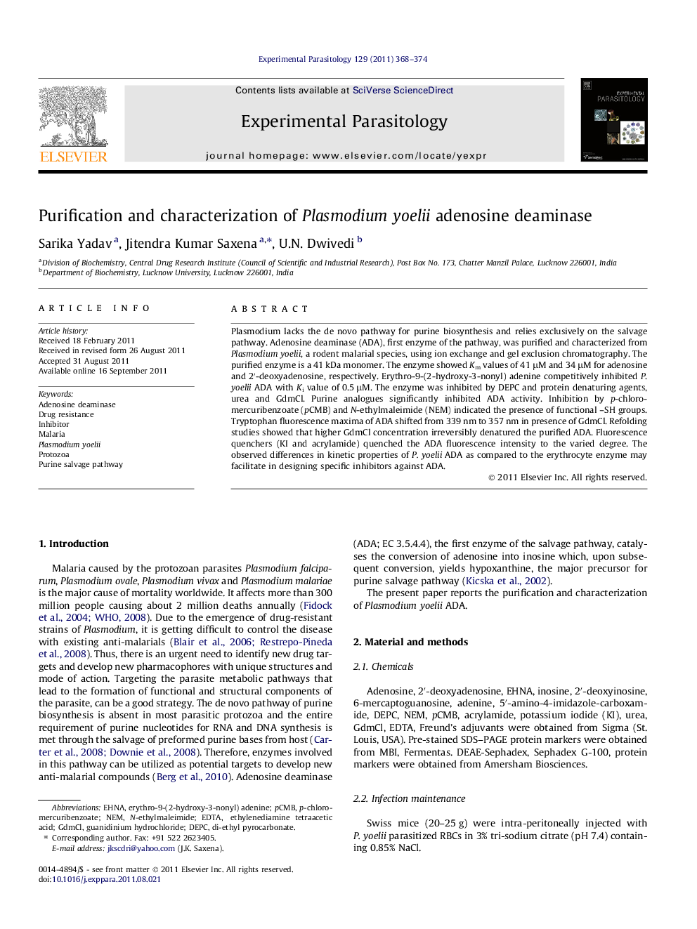 عکس صفحه اول مقاله: Purification and characterization of Plasmodium yoelii adenosine deaminase Purification and characterization of Plasmodium yoelii adenosine deaminase