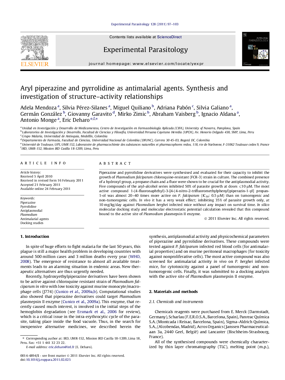 Aryl piperazine and pyrrolidine as antimalarial agents. Synthesis and investigation of structure-activity relationships