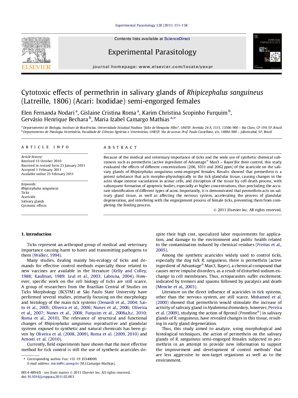 Cytotoxic effects of permethrin in salivary glands of Rhipicephalus sanguineus (Latreille, 1806) (Acari: Ixodidae) semi-engorged females