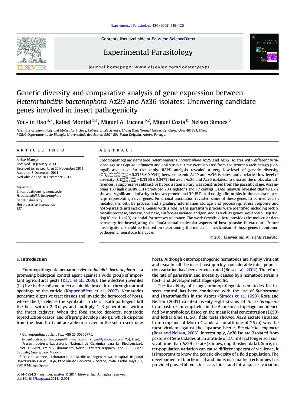 Genetic diversity and comparative analysis of gene expression between Heterorhabditis bacteriophora Az29 and Az36 isolates: Uncovering candidate genes involved in insect pathogenicity