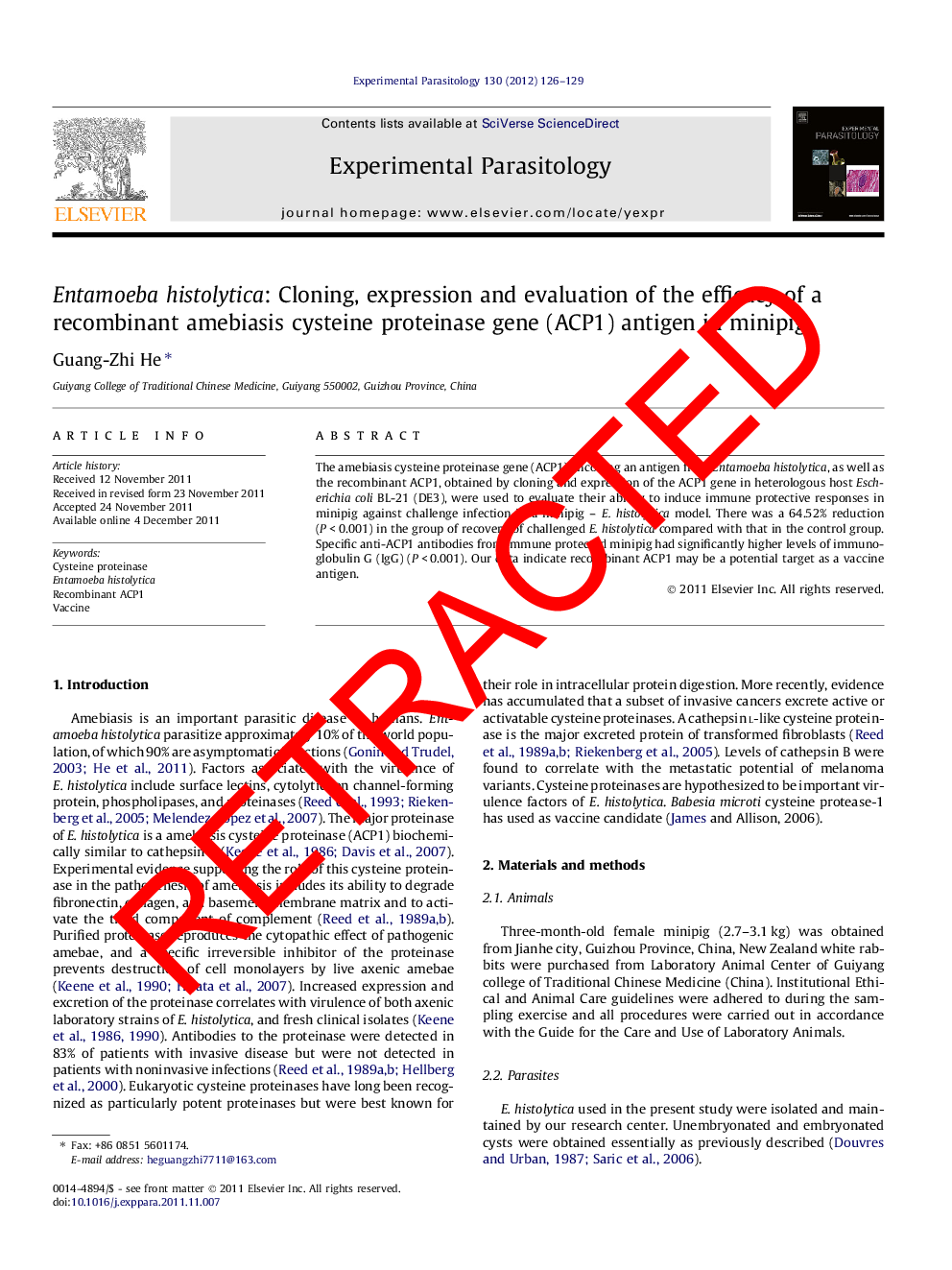 RETRACTED: Entamoeba histolytica: Cloning, expression and evaluation of the efficacy of a recombinant amebiasis cysteine proteinase gene (ACP1) antigen in minipig