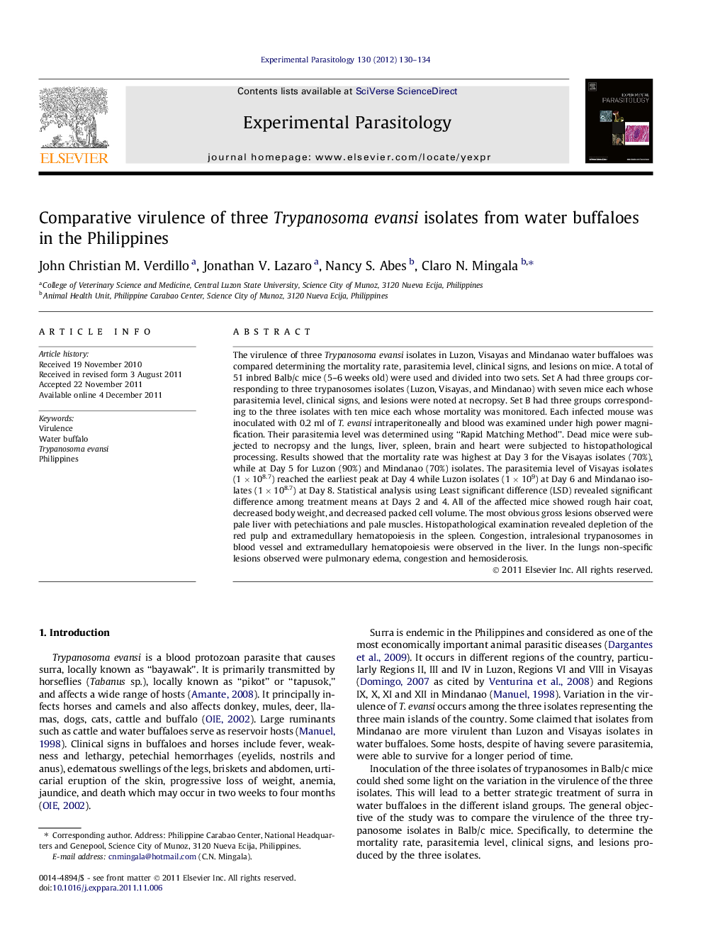 Comparative virulence of three Trypanosoma evansi isolates from water buffaloes in the Philippines