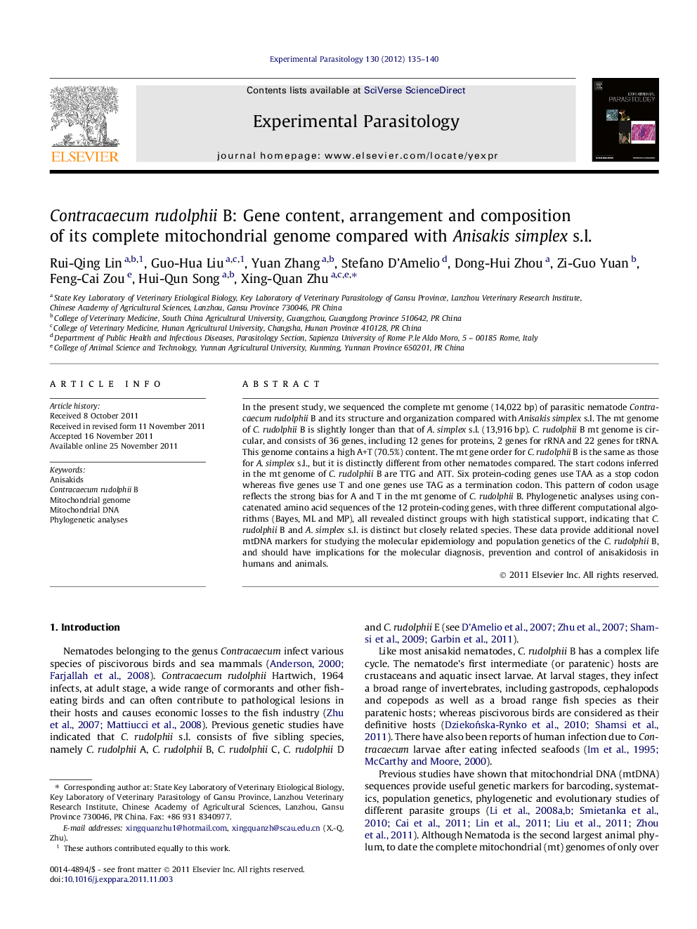 Contracaecum rudolphii B: Gene content, arrangement and composition of its complete mitochondrial genome compared with Anisakis simplex s.l.