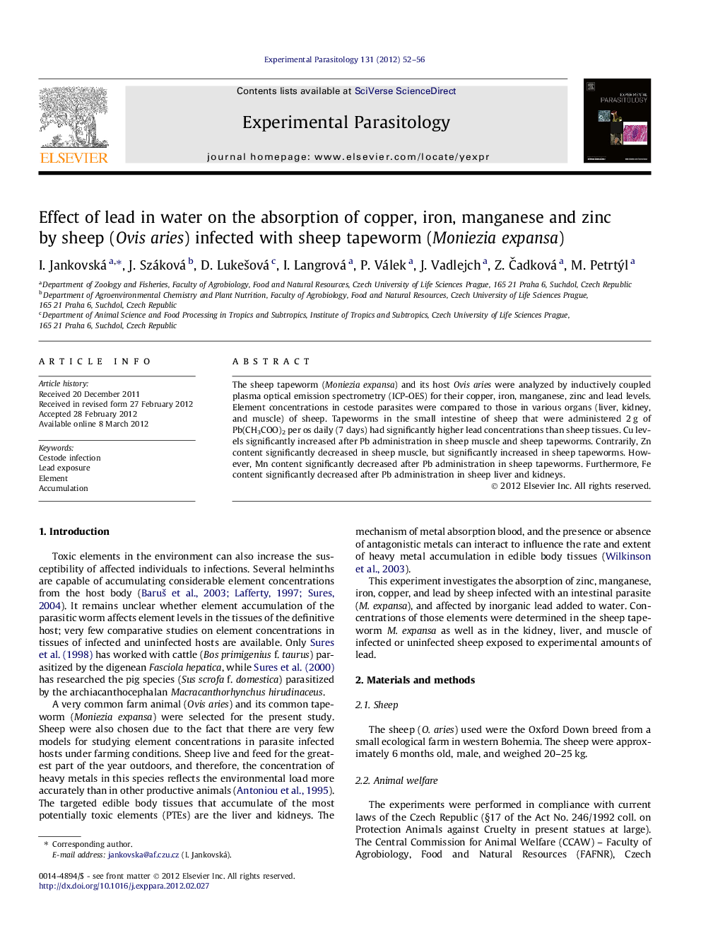 Effect of lead in water on the absorption of copper, iron, manganese and zinc by sheep (Ovis aries) infected with sheep tapeworm (Moniezia expansa)