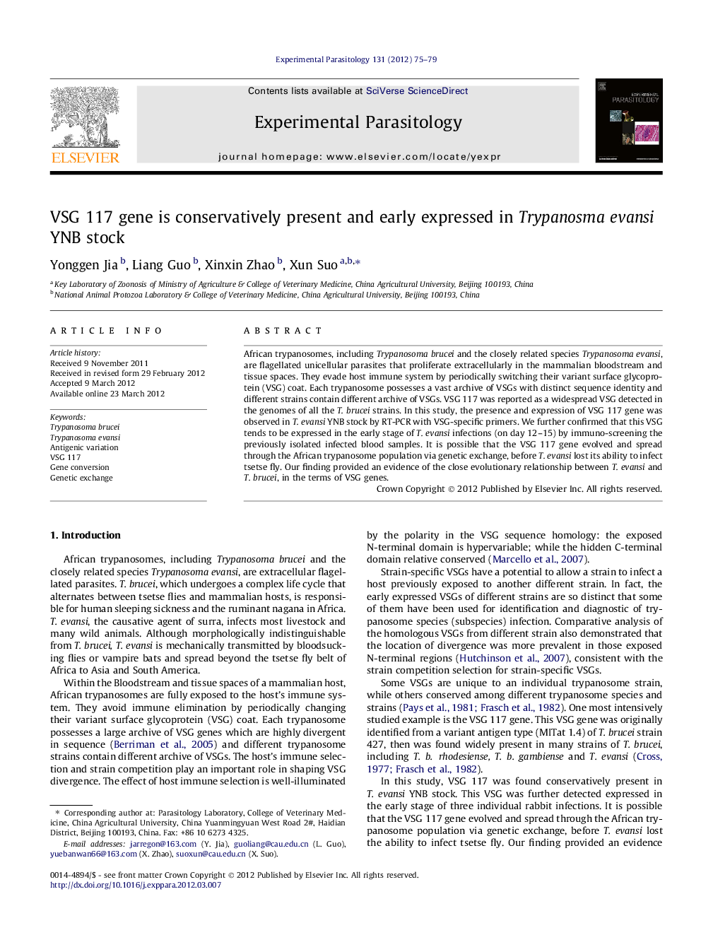 VSG 117 gene is conservatively present and early expressed in Trypanosma evansi YNB stock