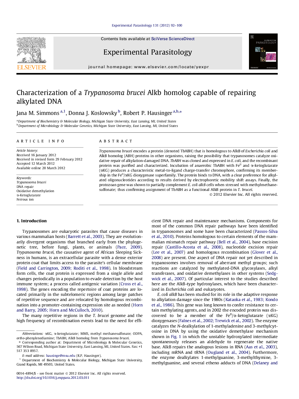 Characterization of a Trypanosoma brucei Alkb homolog capable of repairing alkylated DNA