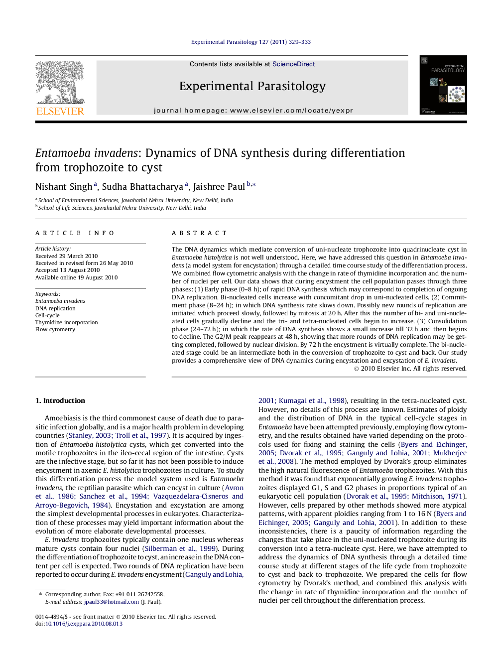 Entamoeba invadens: Dynamics of DNA synthesis during differentiation from trophozoite to cyst