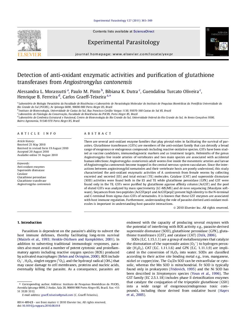 Detection of anti-oxidant enzymatic activities and purification of glutathione transferases from Angiostrongylus cantonensis