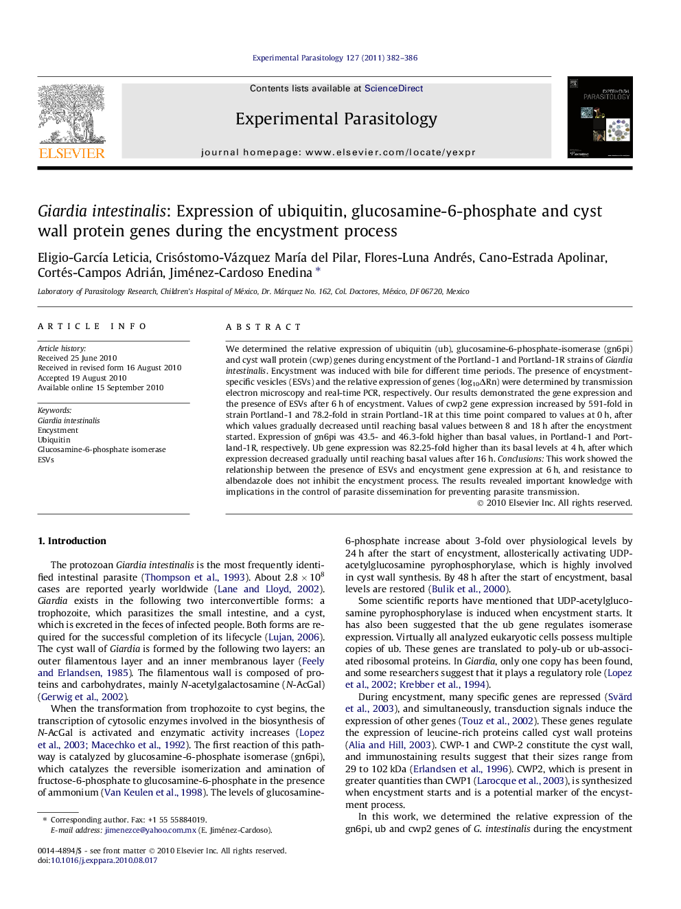 Giardia intestinalis: Expression of ubiquitin, glucosamine-6-phosphate and cyst wall protein genes during the encystment process