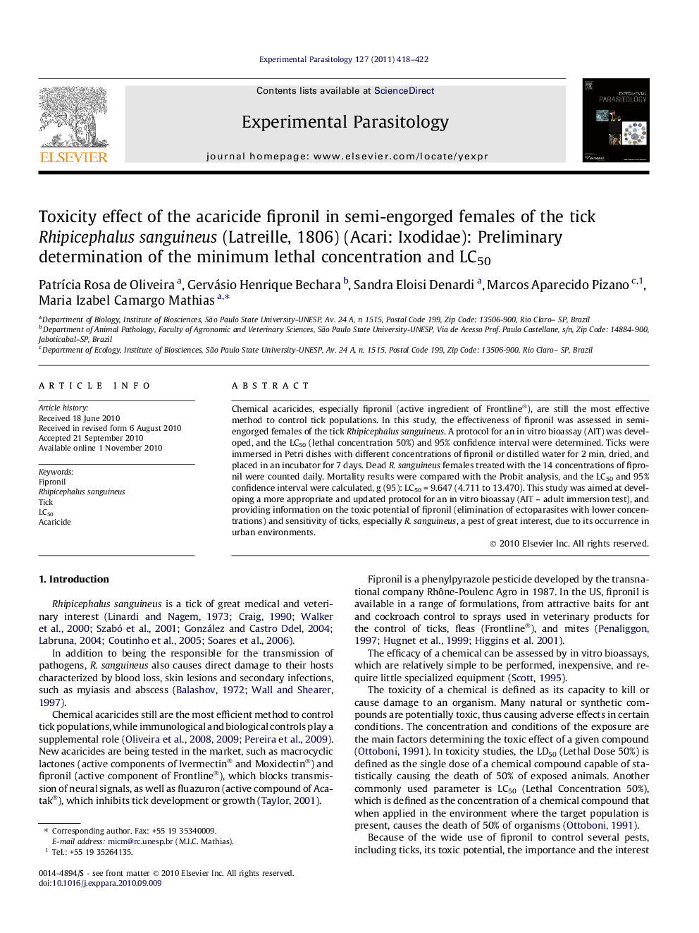 Toxicity effect of the acaricide fipronil in semi-engorged females of the tick Rhipicephalus sanguineus (Latreille, 1806) (Acari: Ixodidae): Preliminary determination of the minimum lethal concentration and LC50