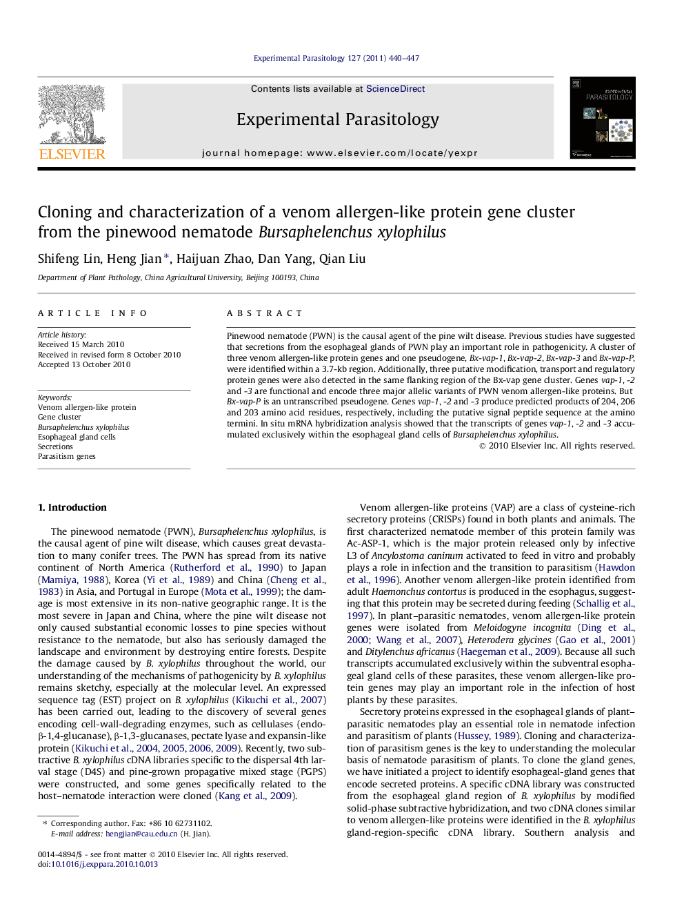 Cloning and characterization of a venom allergen-like protein gene cluster from the pinewood nematode Bursaphelenchus xylophilus