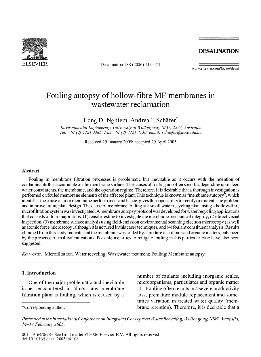 Fouling autopsy of hollow-fibre MF membranes in wastewater reclamation