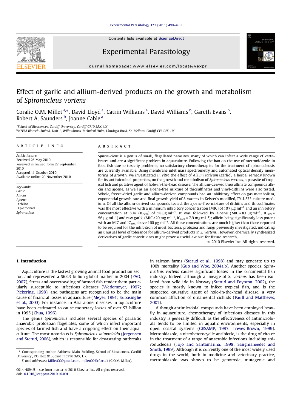 Effect of garlic and allium-derived products on the growth and metabolism of Spironucleus vortens