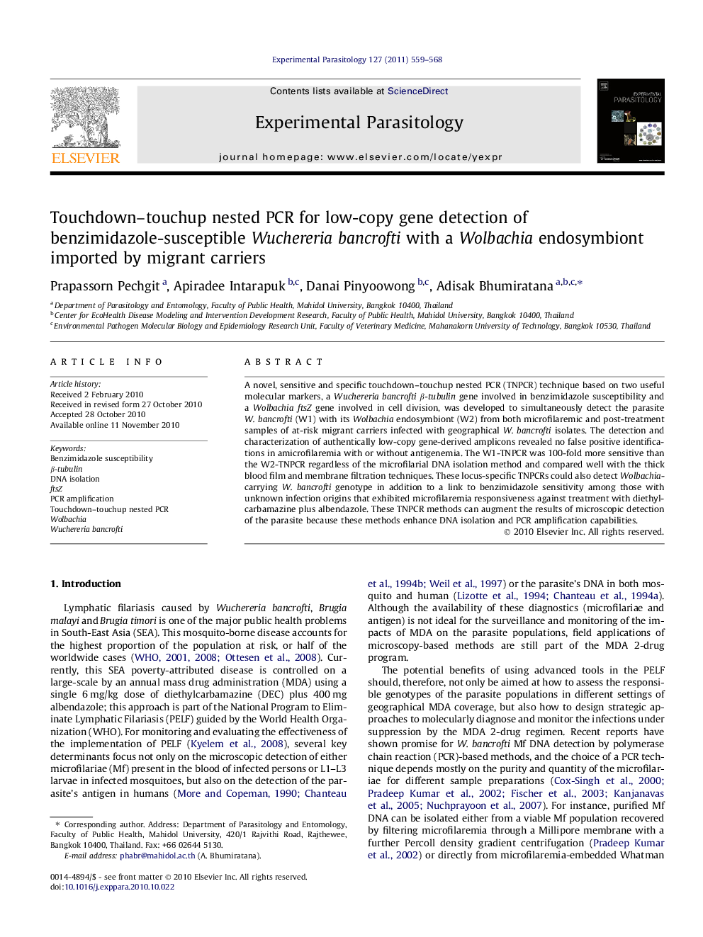 Touchdown-touchup nested PCR for low-copy gene detection of benzimidazole-susceptible Wuchereria bancrofti with a Wolbachia endosymbiont imported by migrant carriers