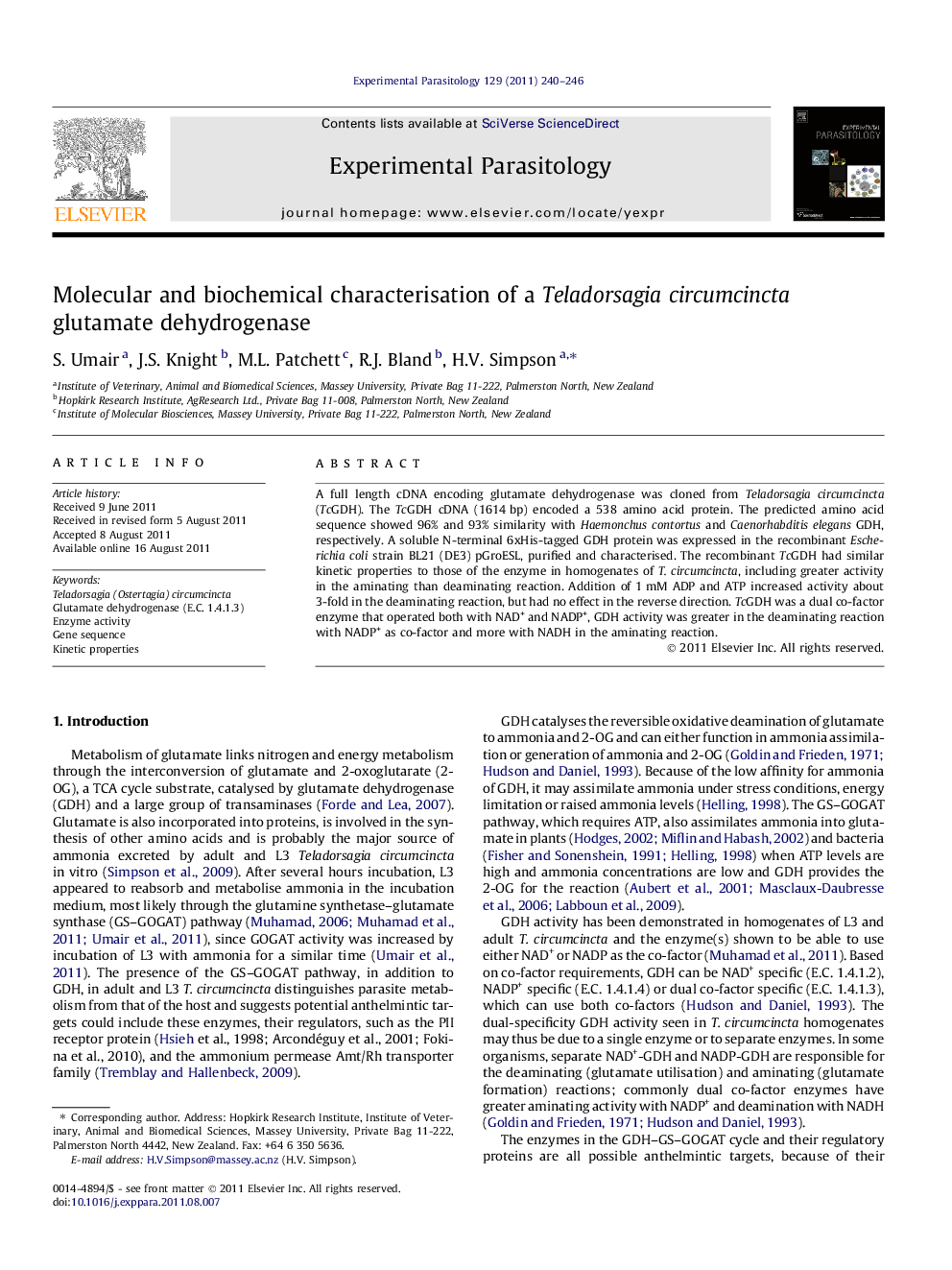 Molecular and biochemical characterisation of a Teladorsagia circumcincta glutamate dehydrogenase