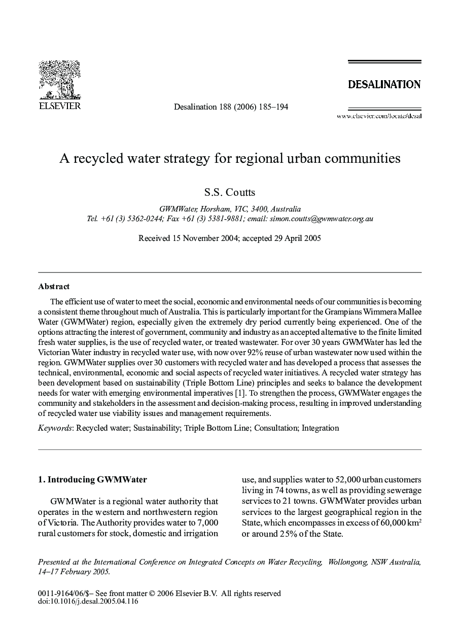 A recycled water strategy for regional urban communities